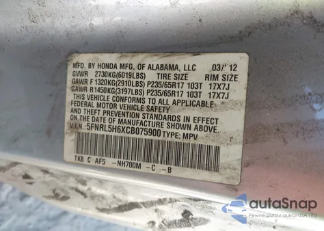 2012 Honda Odyssey Ex-L z USA, uszkodzony, nr VIN 5FNRL5H6XCB075900